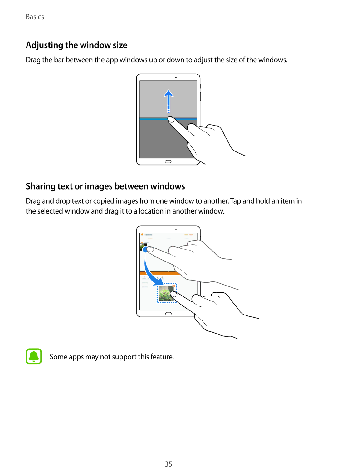 Samsung SM-T813NZKEBGL, SM-T813NZWEDBT, SM-T813NZKEDBT Adjusting the window size, Sharing text or images between windows 