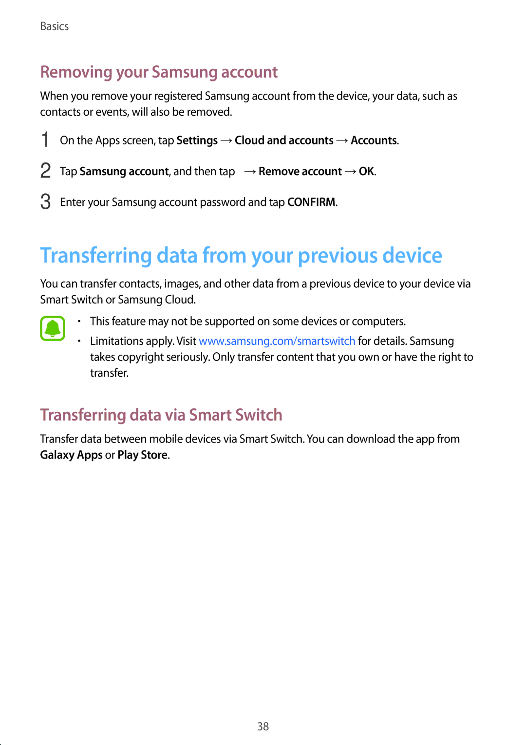 Samsung SM-T813NZKEXEZ, SM-T813NZWEDBT manual Transferring data from your previous device, Removing your Samsung account 