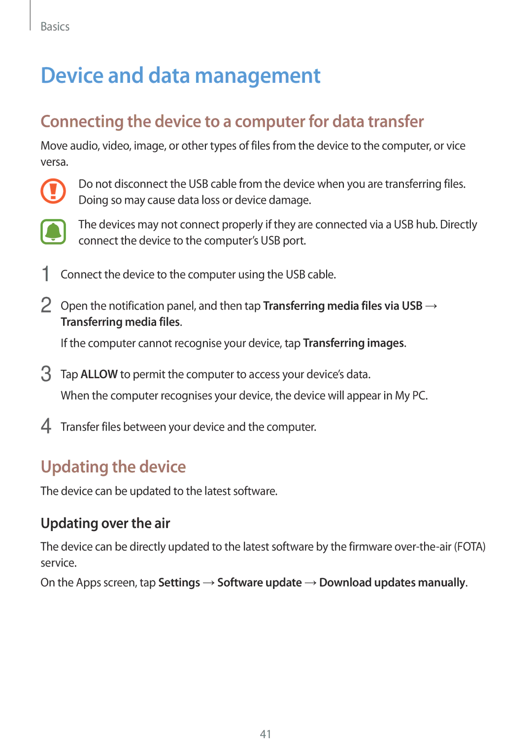 Samsung SM-T713NZKENEE, SM-T813NZWEDBT Device and data management, Connecting the device to a computer for data transfer 