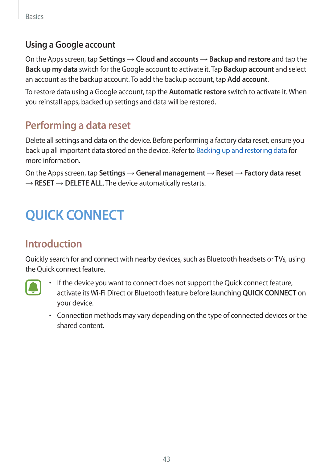 Samsung SM-T813NZKESEB, SM-T813NZWEDBT, SM-T813NZKEDBT, SM-T713NZKETPH manual Performing a data reset, Using a Google account 