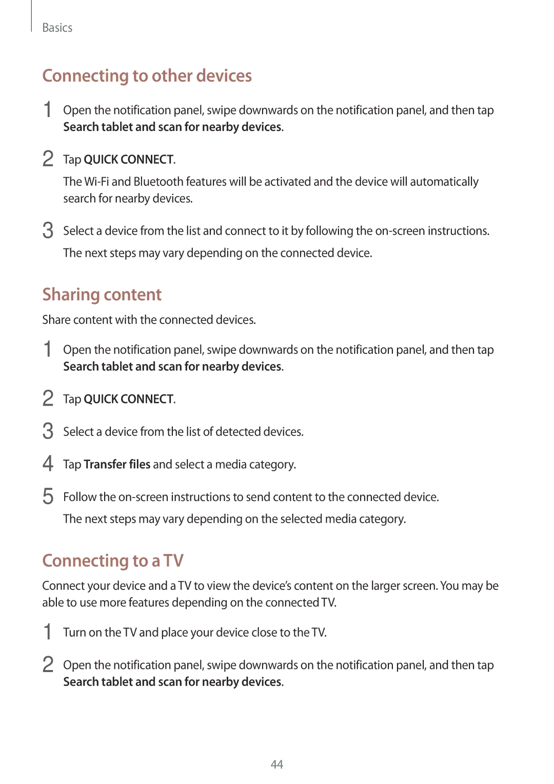 Samsung SM-T813NZWESEB, SM-T813NZWEDBT Connecting to other devices, Sharing content, Connecting to a TV, Tap Quick Connect 