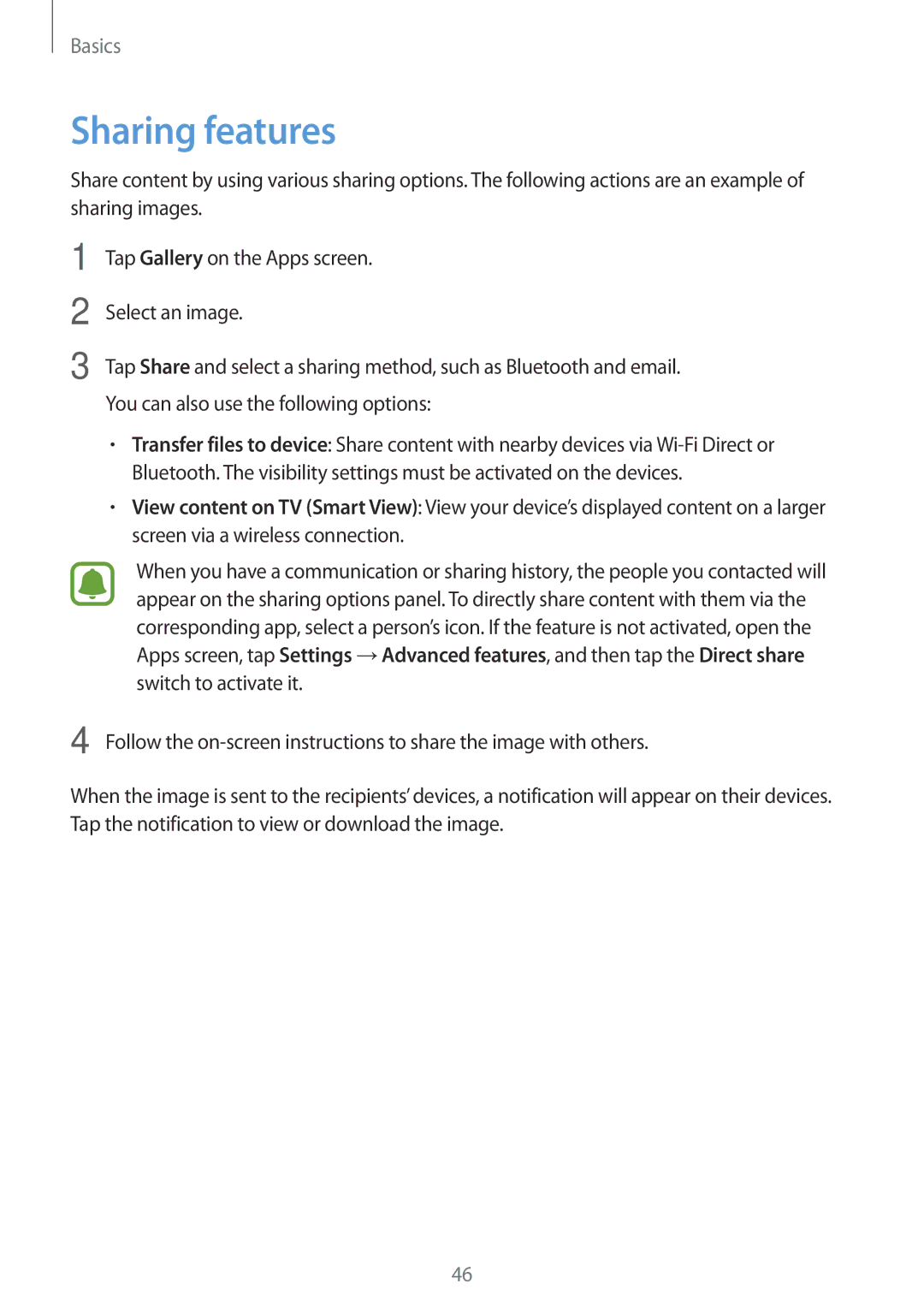 Samsung SM-T813NZKEEUR, SM-T813NZWEDBT, SM-T813NZKEDBT, SM-T713NZKETPH, SM-T713NZKEEUR, SM-T713NZKEAUT manual Sharing features 