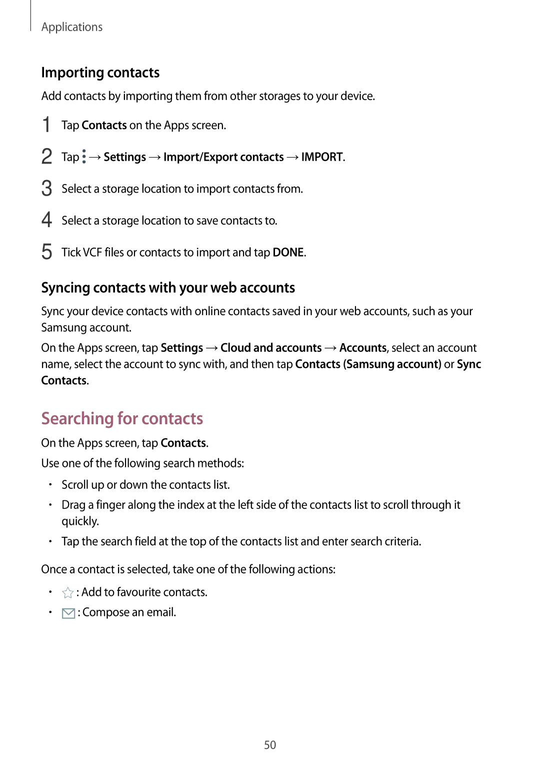 Samsung SM-T713NZWEXEH, SM-T813NZWEDBT Searching for contacts, Importing contacts, Syncing contacts with your web accounts 