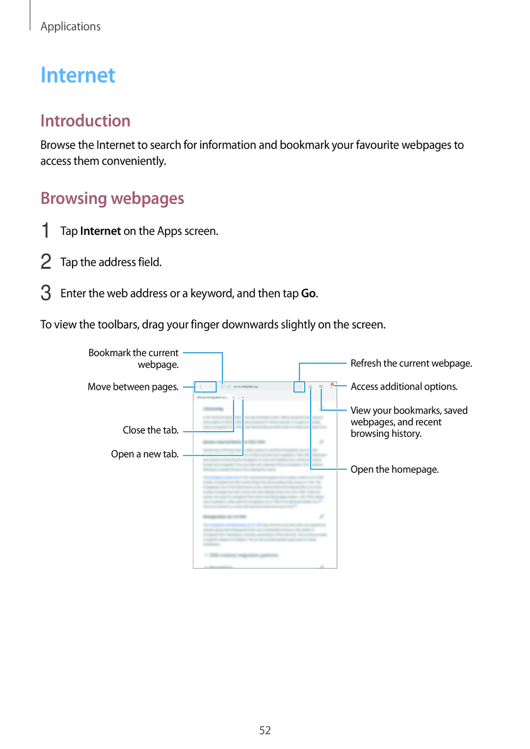 Samsung SM-T713NZKEXEH, SM-T813NZWEDBT, SM-T813NZKEDBT, SM-T713NZKETPH, SM-T713NZKEEUR manual Internet, Browsing webpages 