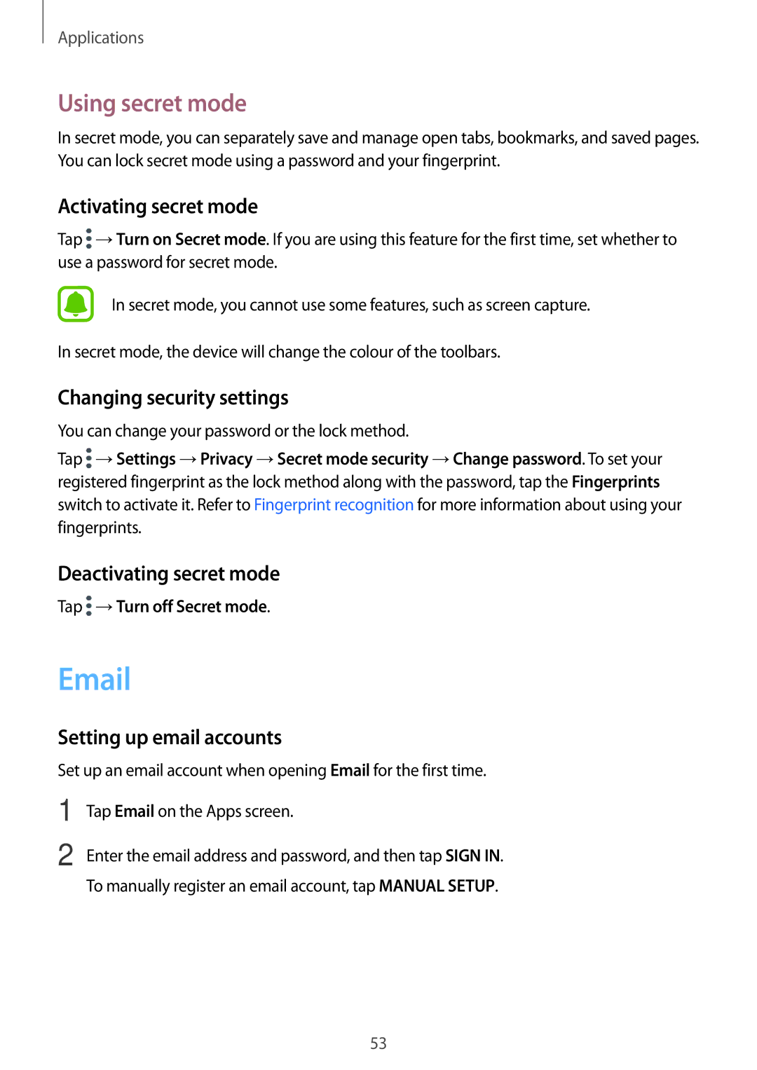 Samsung SM-T713NZDESER Using secret mode, Activating secret mode, Changing security settings, Deactivating secret mode 