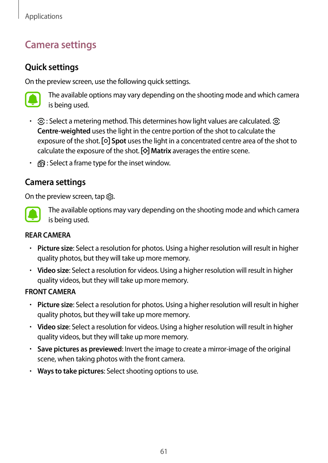 Samsung SM-T713NZKEAUT, SM-T813NZWEDBT, SM-T813NZKEDBT, SM-T713NZKETPH, SM-T713NZKEEUR manual Camera settings, Quick settings 