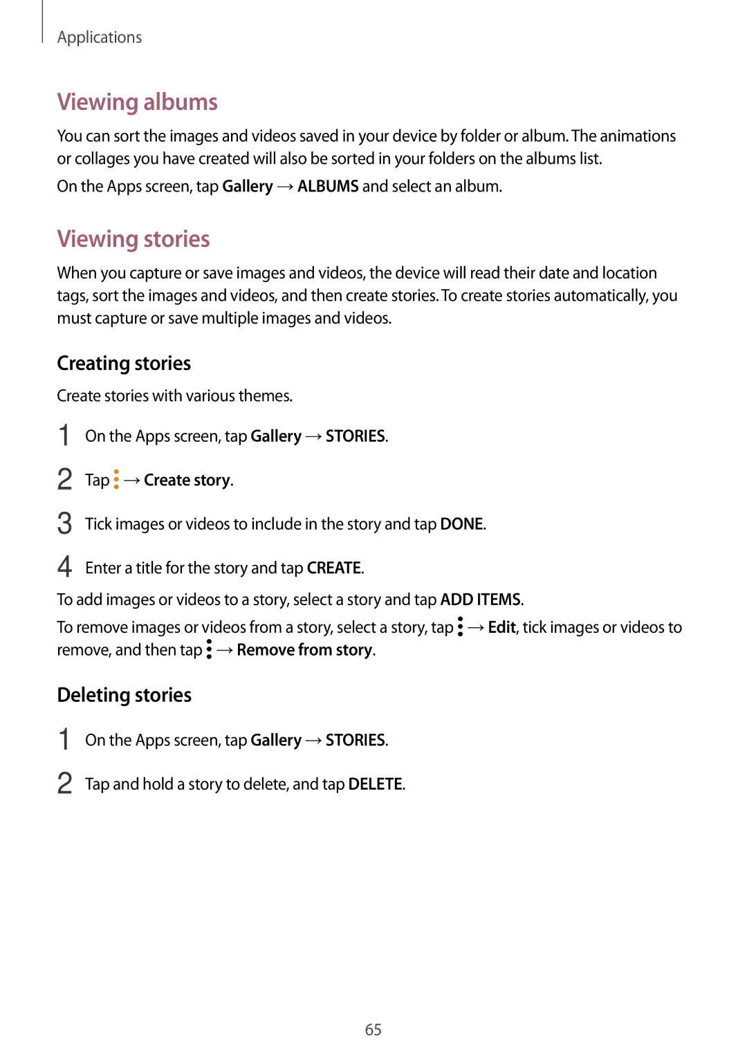 Samsung SM-T813NZDEXEF manual Viewing albums, Viewing stories, Creating stories, Deleting stories, Tap →Create story 