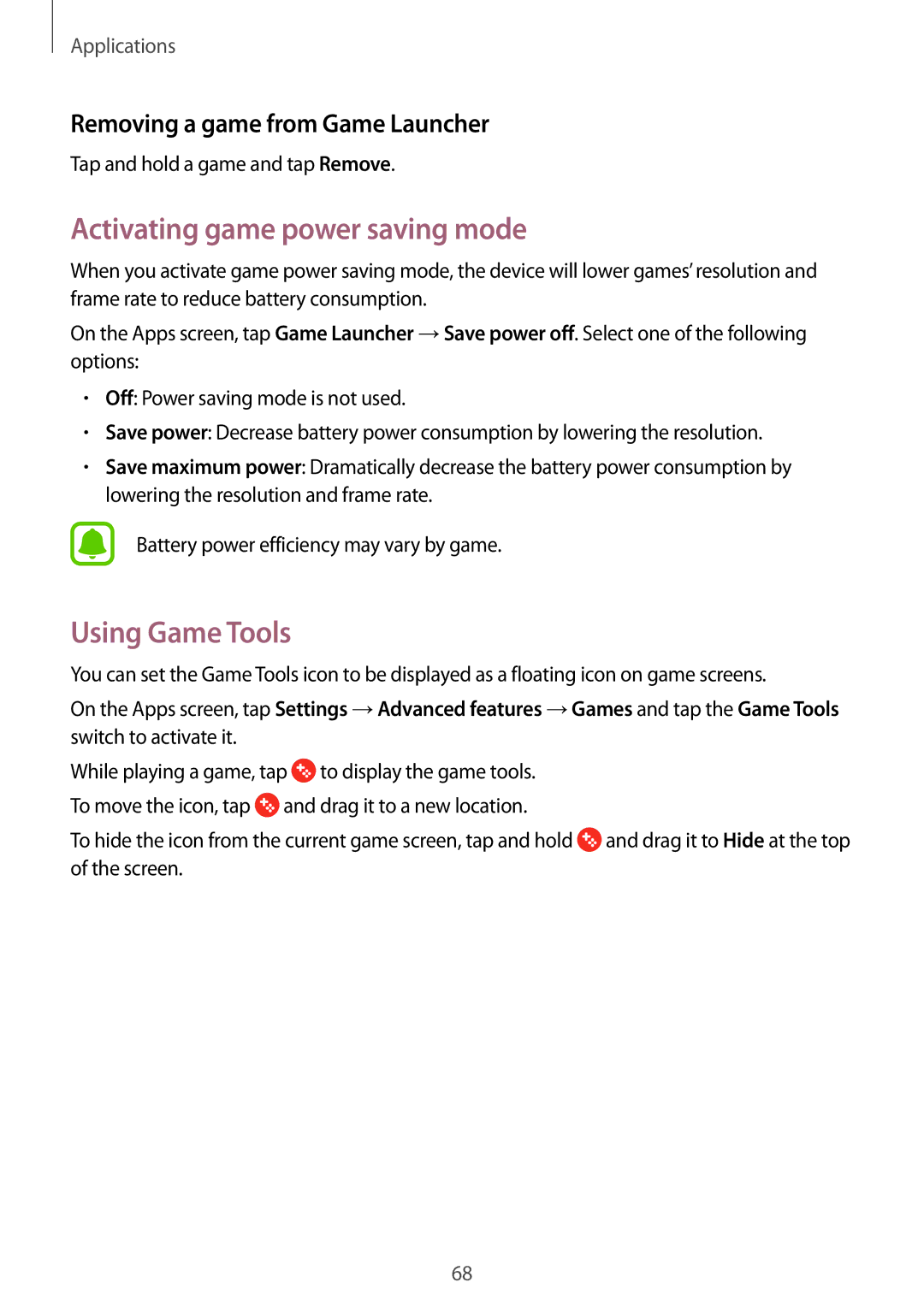 Samsung SM-T813NZWEXEO manual Activating game power saving mode, Using Game Tools, Removing a game from Game Launcher 