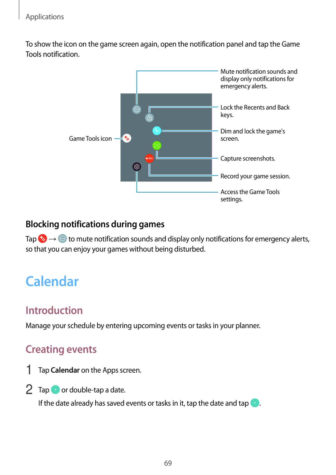 Samsung SM-T813NZKEPHN, SM-T813NZWEDBT, SM-T813NZKEDBT manual Calendar, Creating events, Blocking notifications during games 