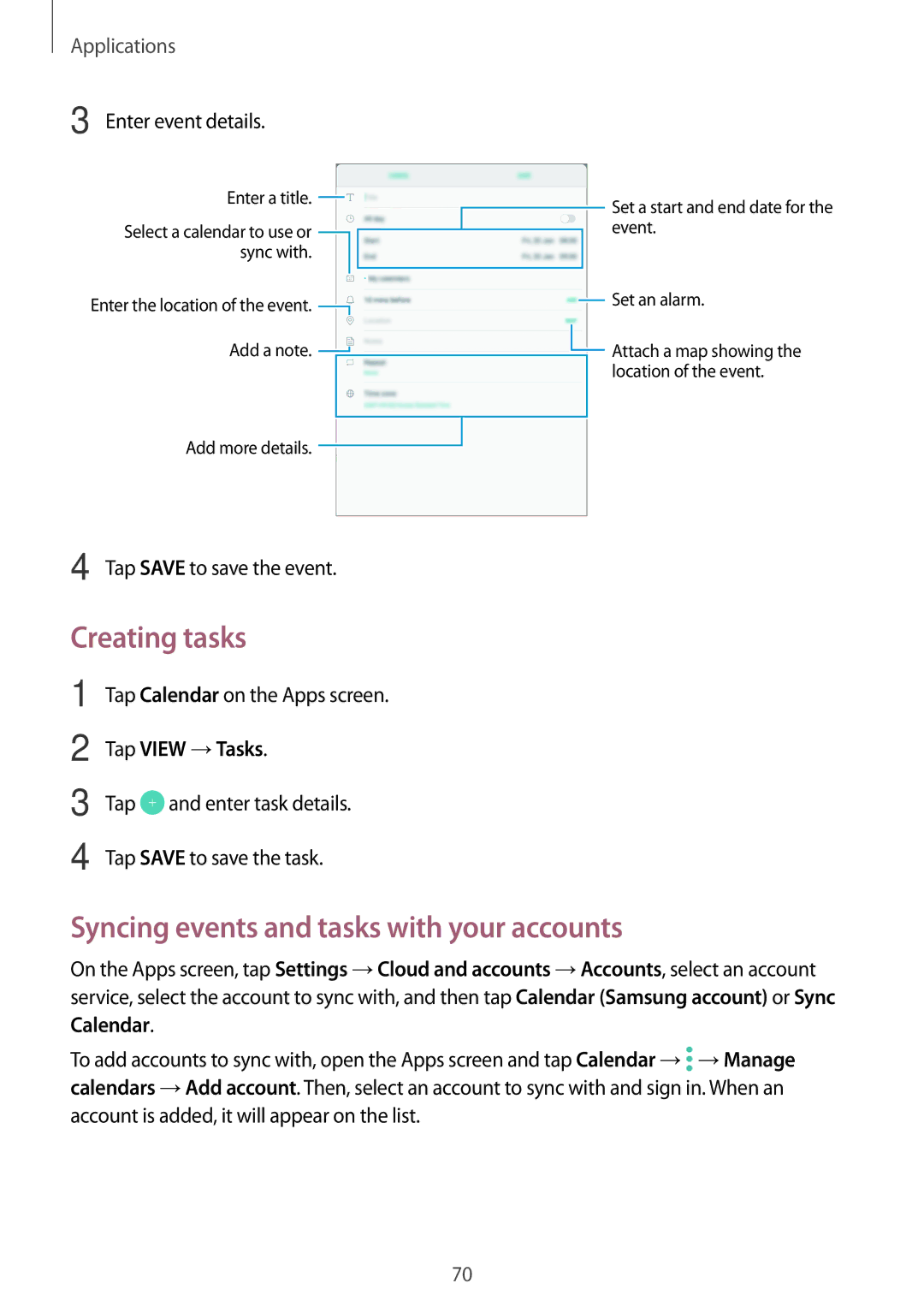 Samsung SM-T813NZKEITV, SM-T813NZWEDBT manual Creating tasks, Syncing events and tasks with your accounts, Tap View →Tasks 