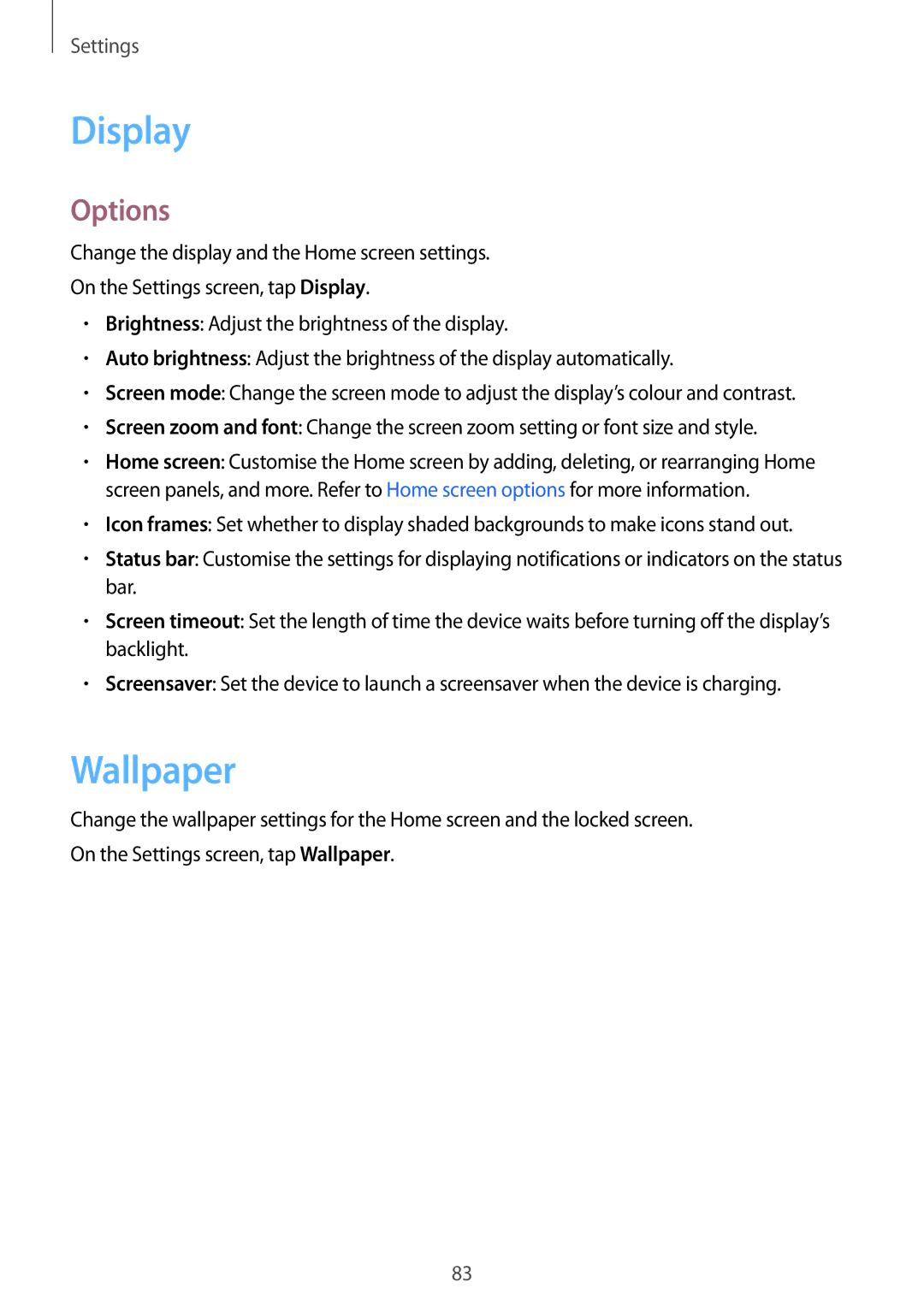 Samsung SM-T813NZWEPHN, SM-T813NZWEDBT, SM-T813NZKEDBT, SM-T713NZKETPH, SM-T713NZKEEUR manual Display, Wallpaper, Options 