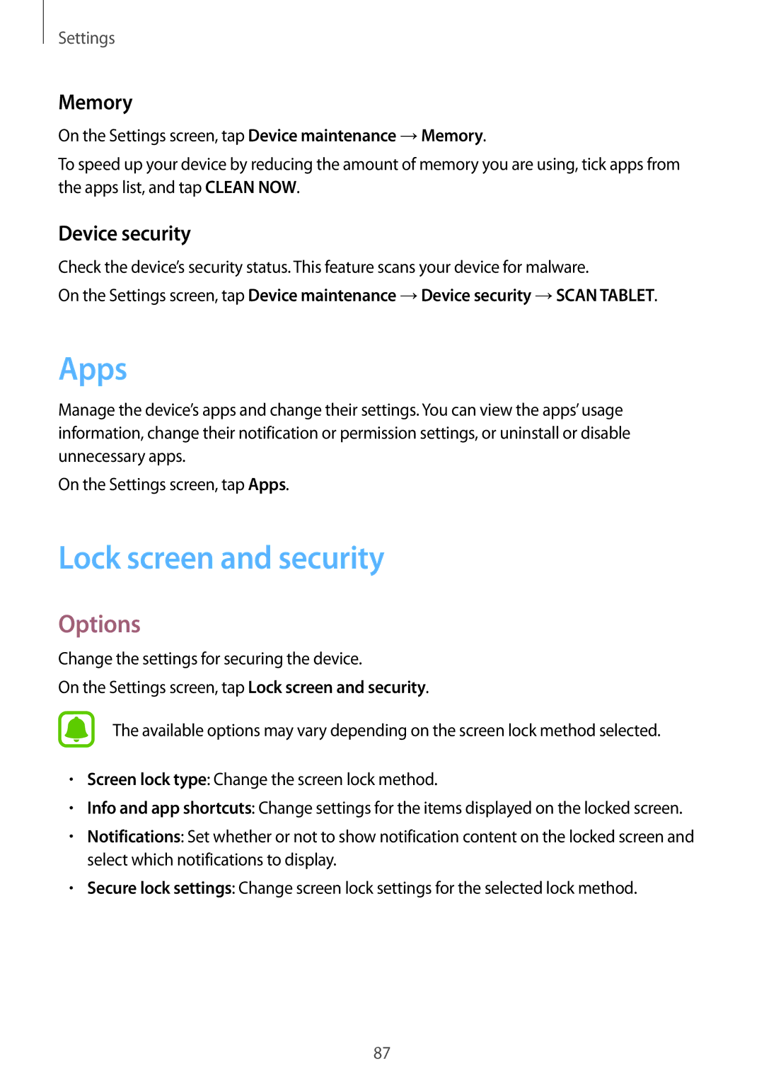 Samsung SM-T713NZDELUX, SM-T813NZWEDBT, SM-T813NZKEDBT manual Apps, Lock screen and security, Memory, Device security 