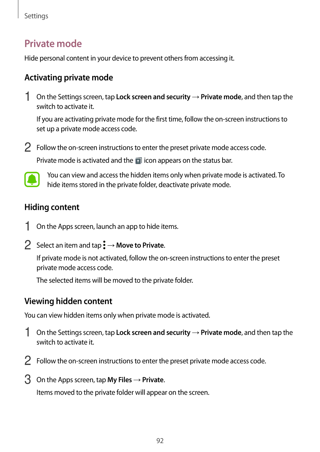 Samsung SM-T813NZKEBGL, SM-T813NZWEDBT manual Private mode, Activating private mode, Hiding content, Viewing hidden content 