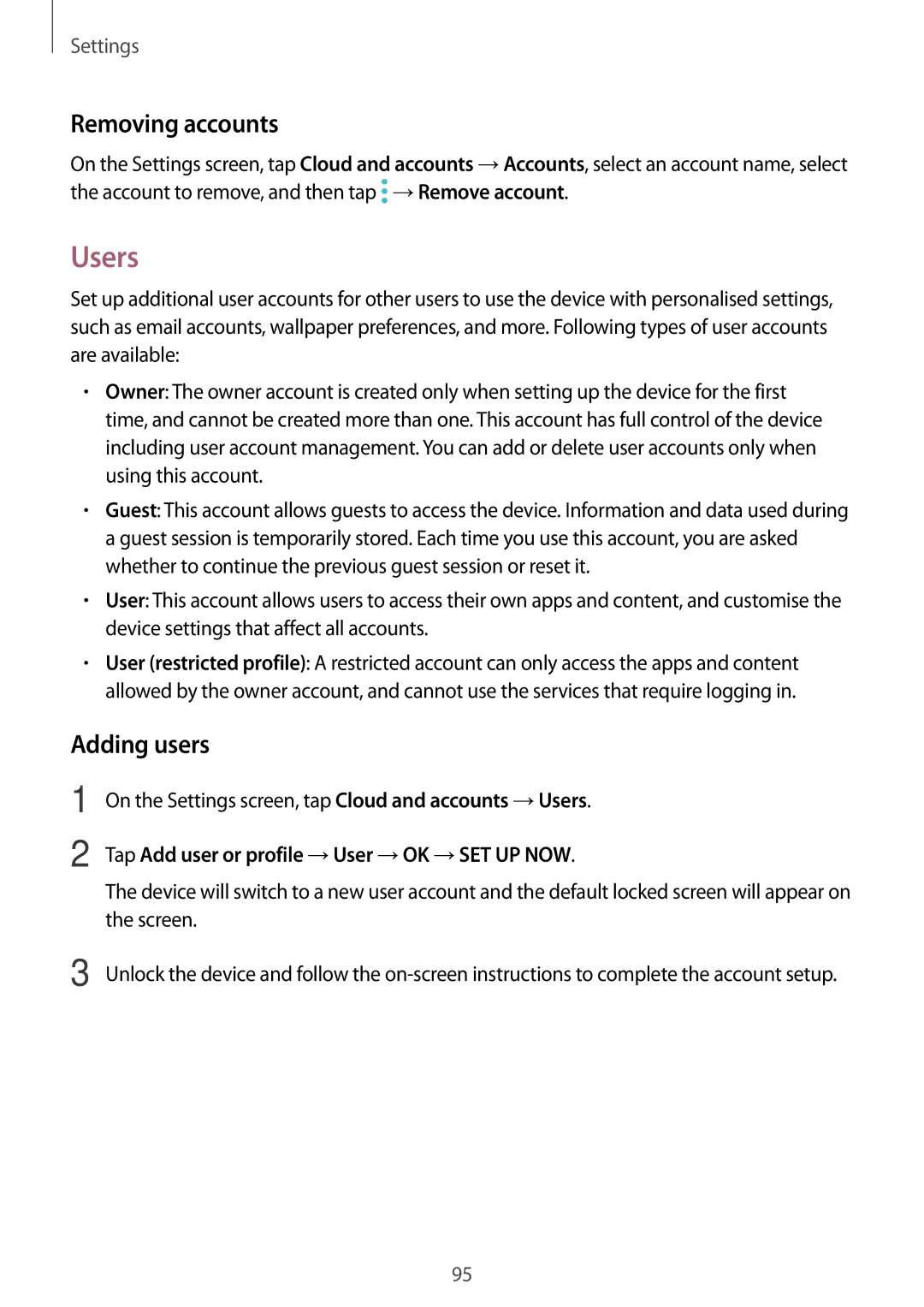 Samsung SM-T813NZKEXEZ manual Users, Removing accounts, Adding users, Tap Add user or profile →User →OK →SET UP NOW 