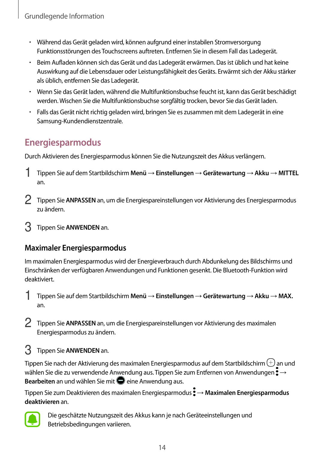 Samsung SM-T713NZKETPH, SM-T813NZWEDBT, SM-T813NZKEDBT, SM-T713NZKEEUR, SM-T713NZKEAUT manual Maximaler Energiesparmodus 