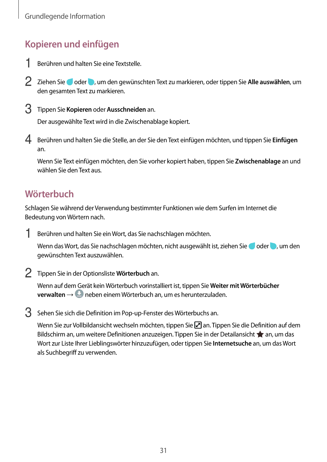 Samsung SM-T813NZKEDBT, SM-T813NZWEDBT manual Kopieren und einfügen, Wörterbuch, Tippen Sie Kopieren oder Ausschneiden an 