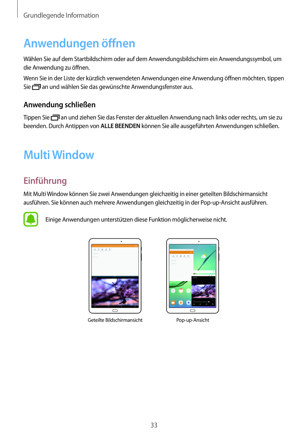 Samsung SM-T713NZKEEUR, SM-T813NZWEDBT, SM-T813NZKEDBT Anwendungen öffnen, Multi Window, Einführung, Anwendung schließen 