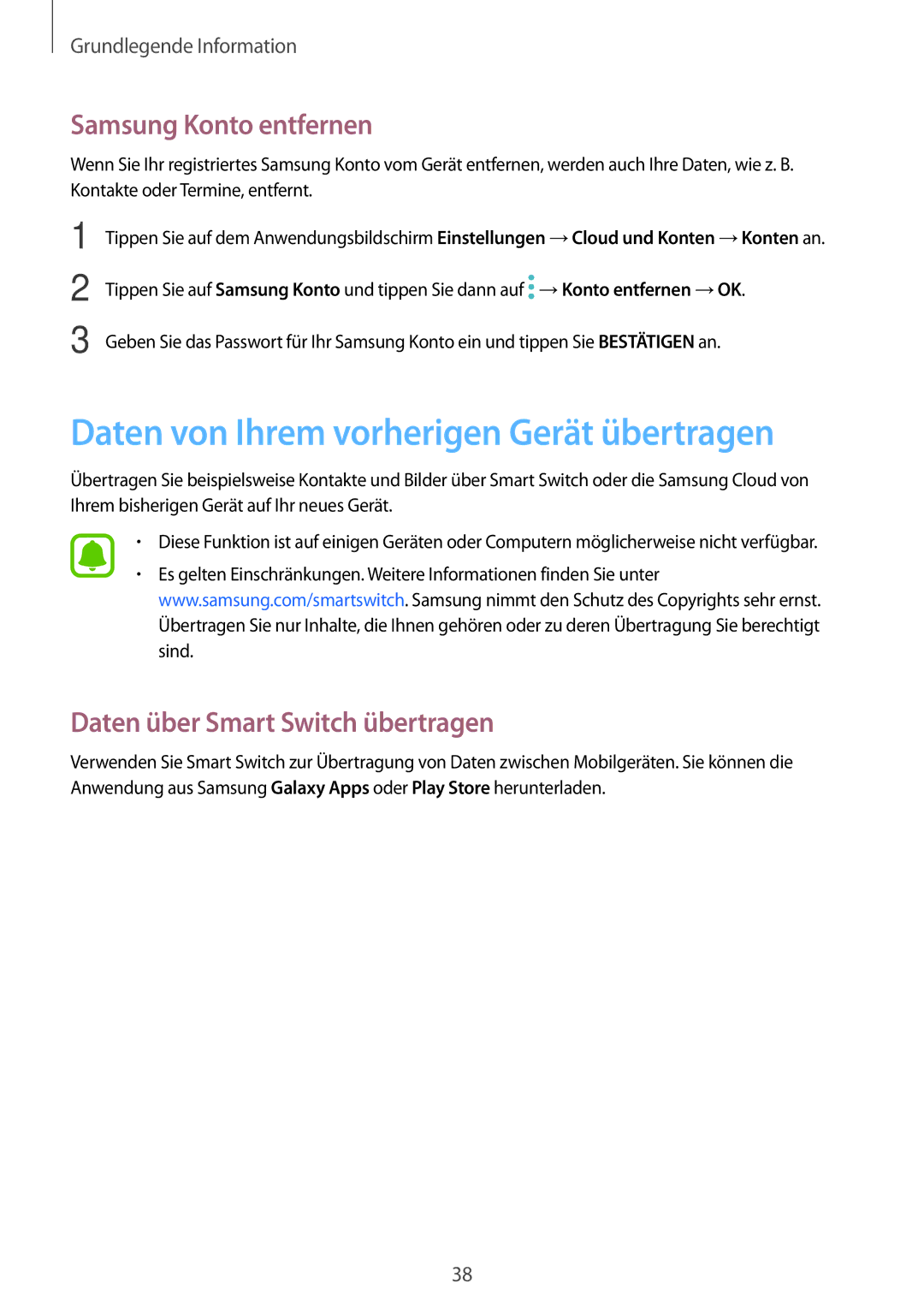 Samsung SM-T713NZKETPH, SM-T813NZWEDBT, SM-T813NZKEDBT Daten von Ihrem vorherigen Gerät übertragen, Samsung Konto entfernen 