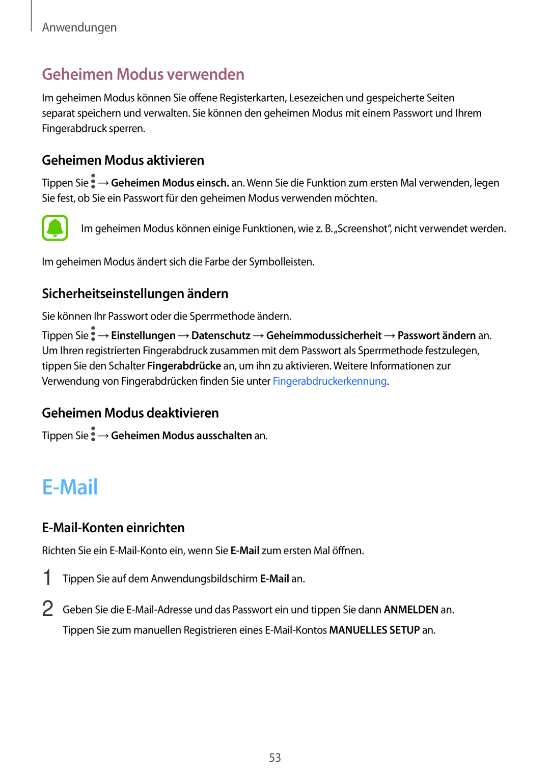 Samsung SM-T713NZWEXEF, SM-T813NZWEDBT, SM-T813NZKEDBT, SM-T713NZKETPH, SM-T713NZKEEUR manual Mail, Geheimen Modus verwenden 