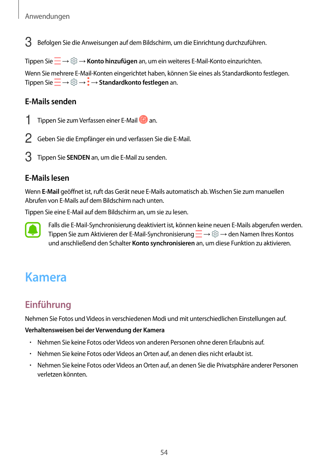 Samsung SM-T813NZWEDBT, SM-T813NZKEDBT manual Mails senden, Mails lesen, Verhaltensweisen bei der Verwendung der Kamera 