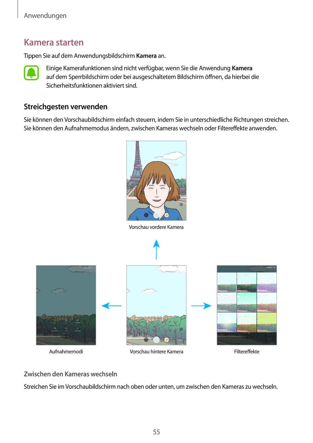 Samsung SM-T813NZKEDBT, SM-T813NZWEDBT, SM-T713NZKETPH, SM-T713NZKEEUR manual Kamera starten, Streichgesten verwenden 