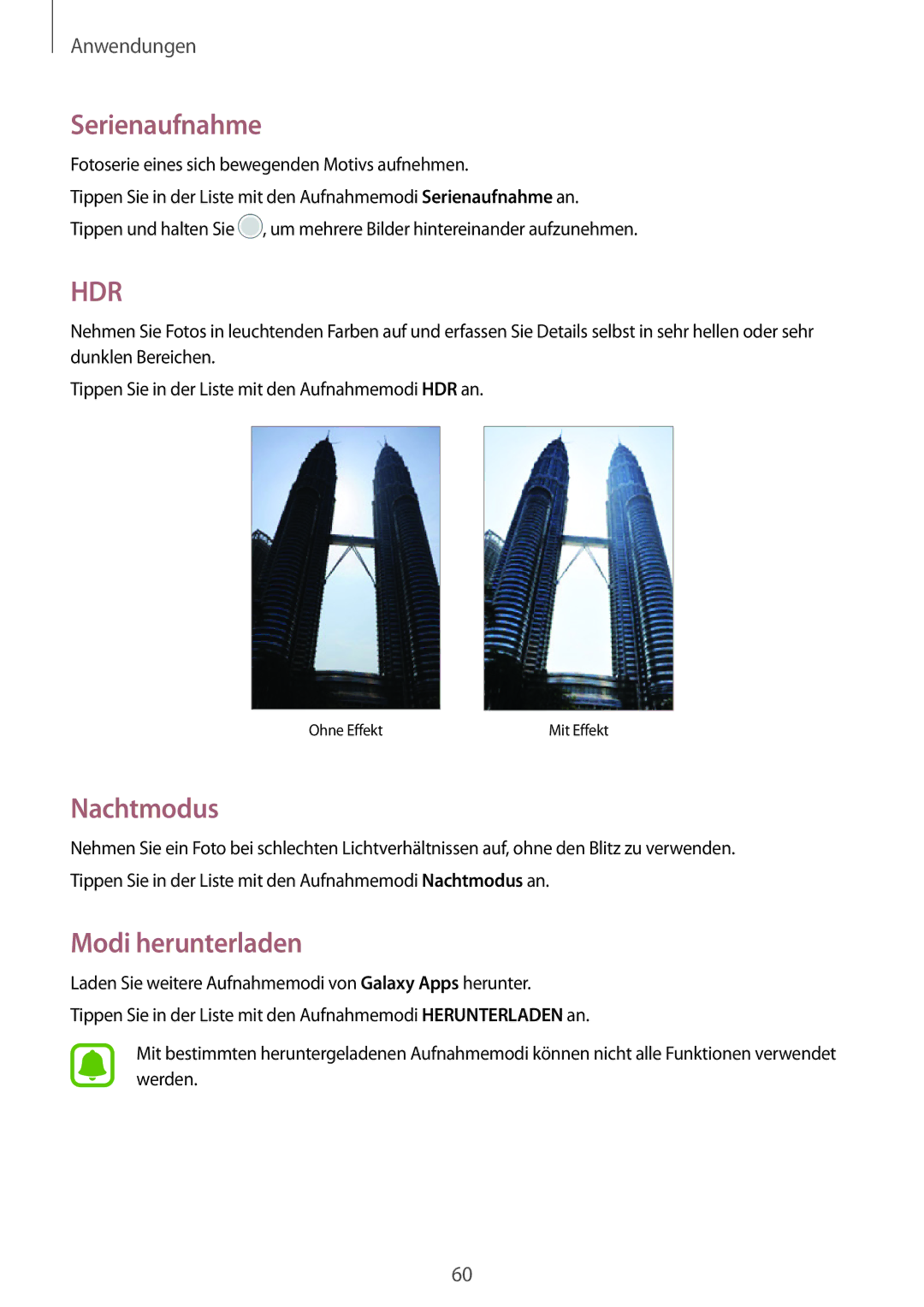 Samsung SM-T813NZWEDBT, SM-T813NZKEDBT, SM-T713NZKETPH, SM-T713NZKEEUR manual Serienaufnahme, Nachtmodus, Modi herunterladen 