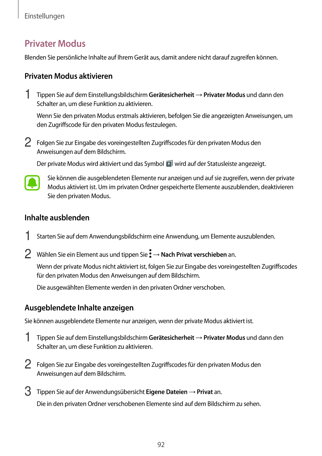 Samsung SM-T713NZKETPH manual Privater Modus, Privaten Modus aktivieren, Inhalte ausblenden, Ausgeblendete Inhalte anzeigen 