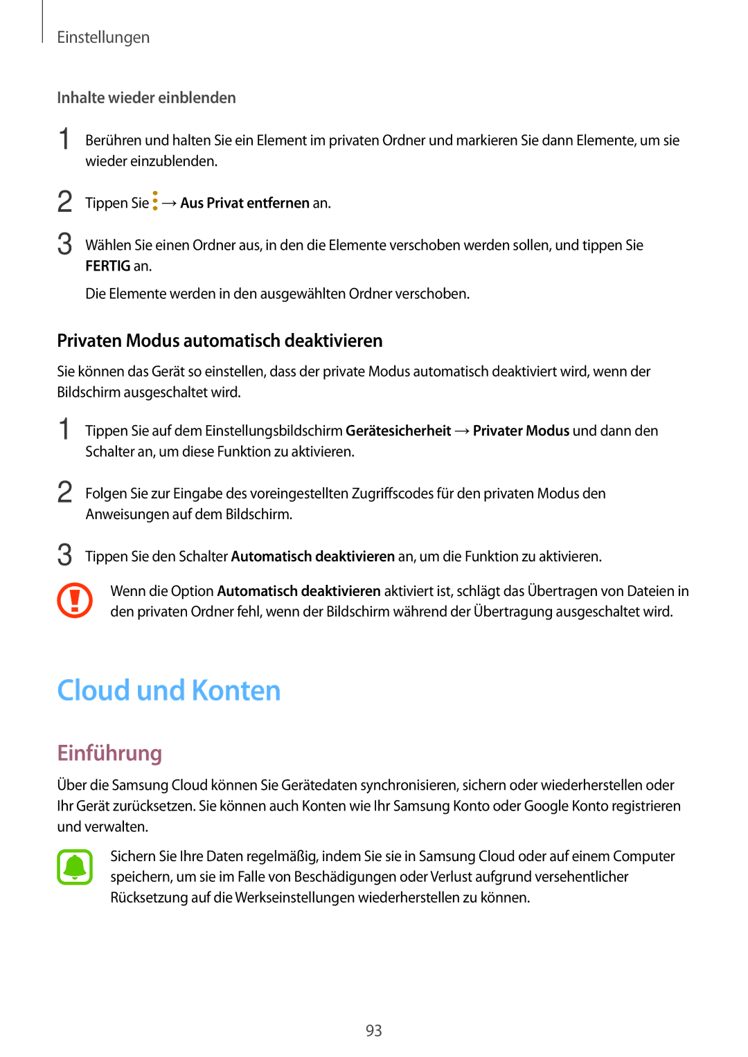 Samsung SM-T713NZKEEUR Cloud und Konten, Privaten Modus automatisch deaktivieren, Tippen Sie →Aus Privat entfernen an 