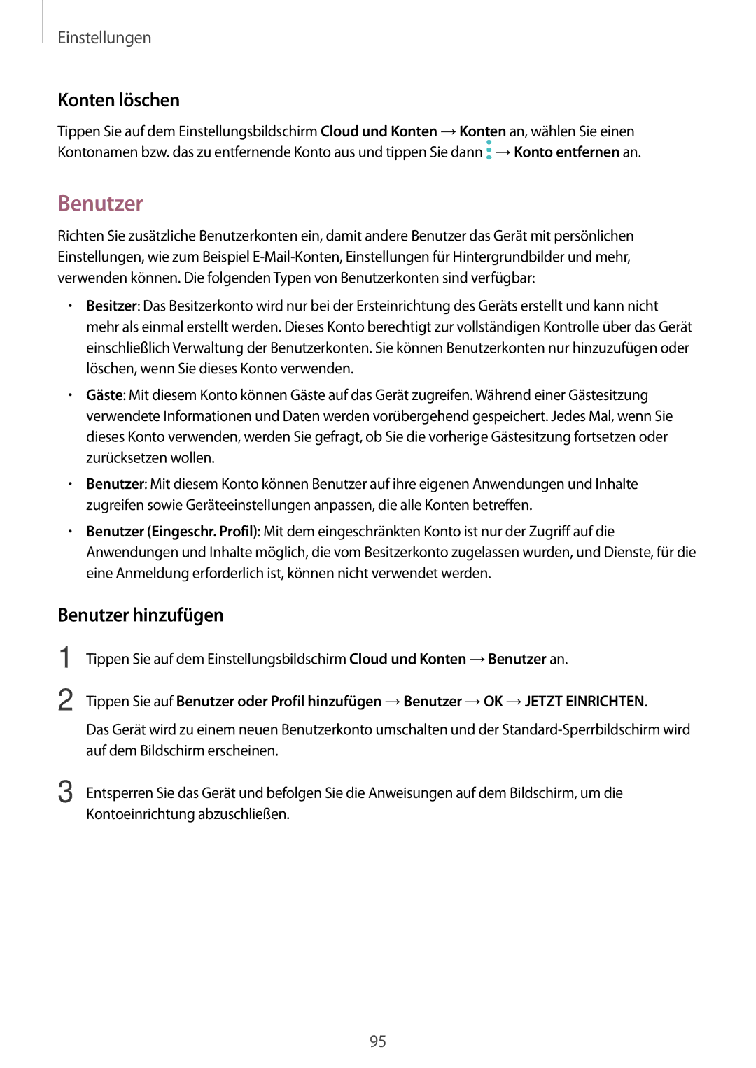 Samsung SM-T713NZWEXEF, SM-T813NZWEDBT, SM-T813NZKEDBT, SM-T713NZKETPH manual Konten löschen, Benutzer hinzufügen 