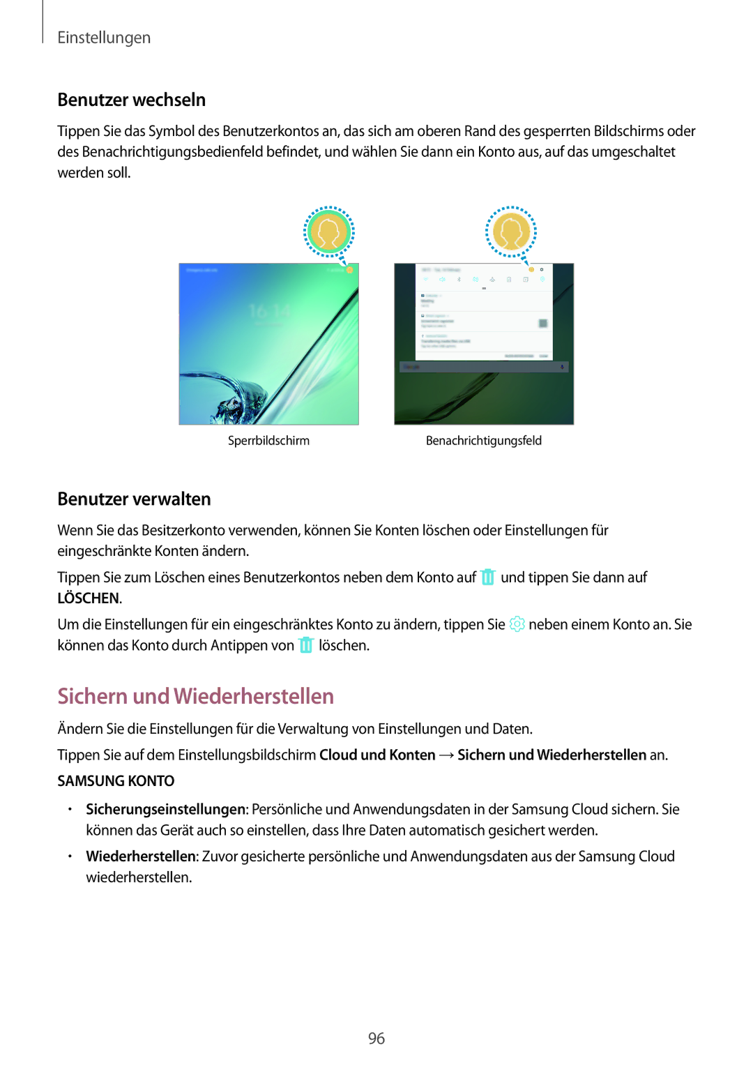 Samsung SM-T813NZWEDBT, SM-T813NZKEDBT, SM-T713NZKETPH Sichern und Wiederherstellen, Benutzer wechseln, Benutzer verwalten 