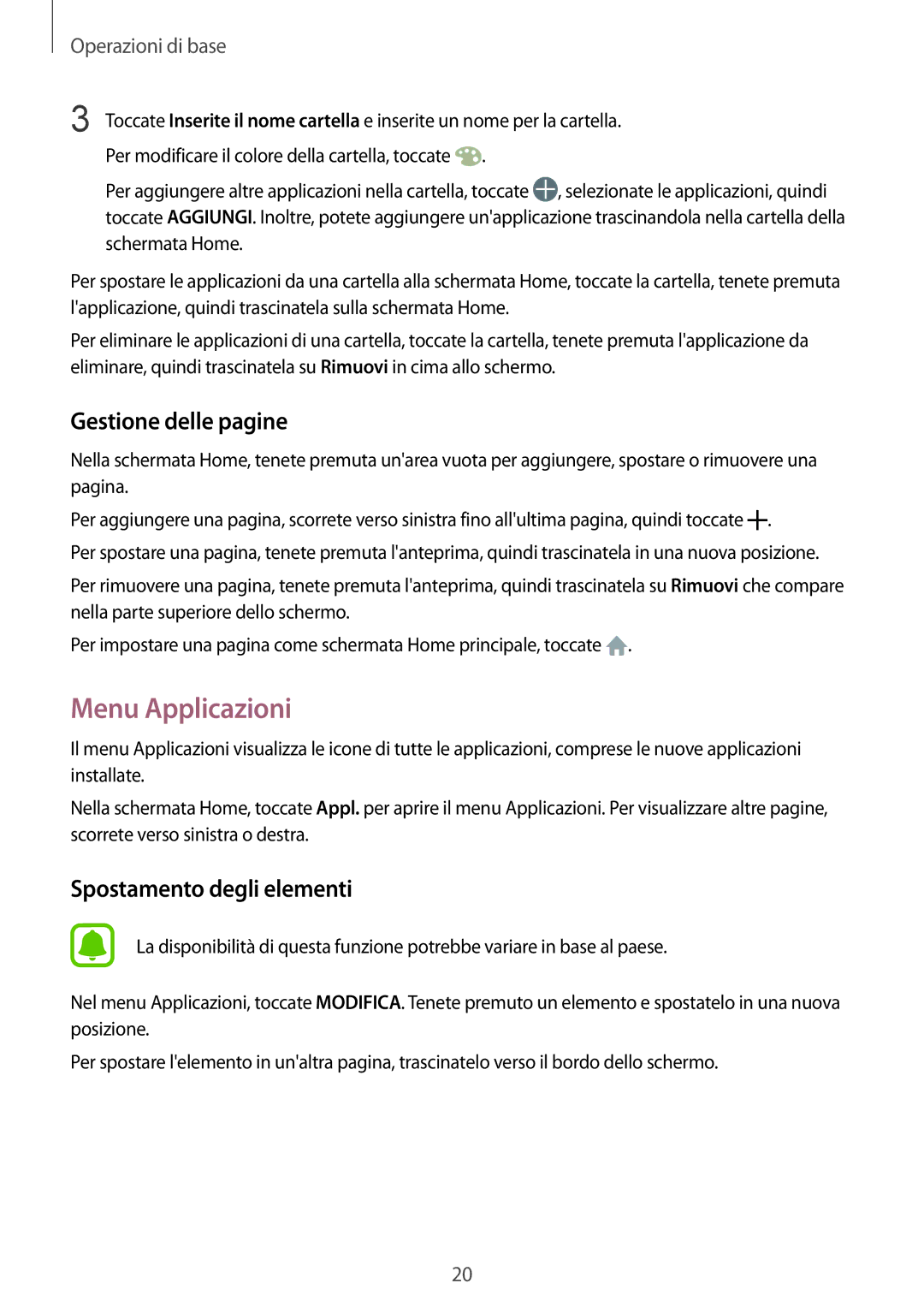 Samsung SM-T813NZDELUX, SM-T813NZWEDBT, SM-T813NZKEDBT, SM-T813NZWEXEO manual Menu Applicazioni, Gestione delle pagine 