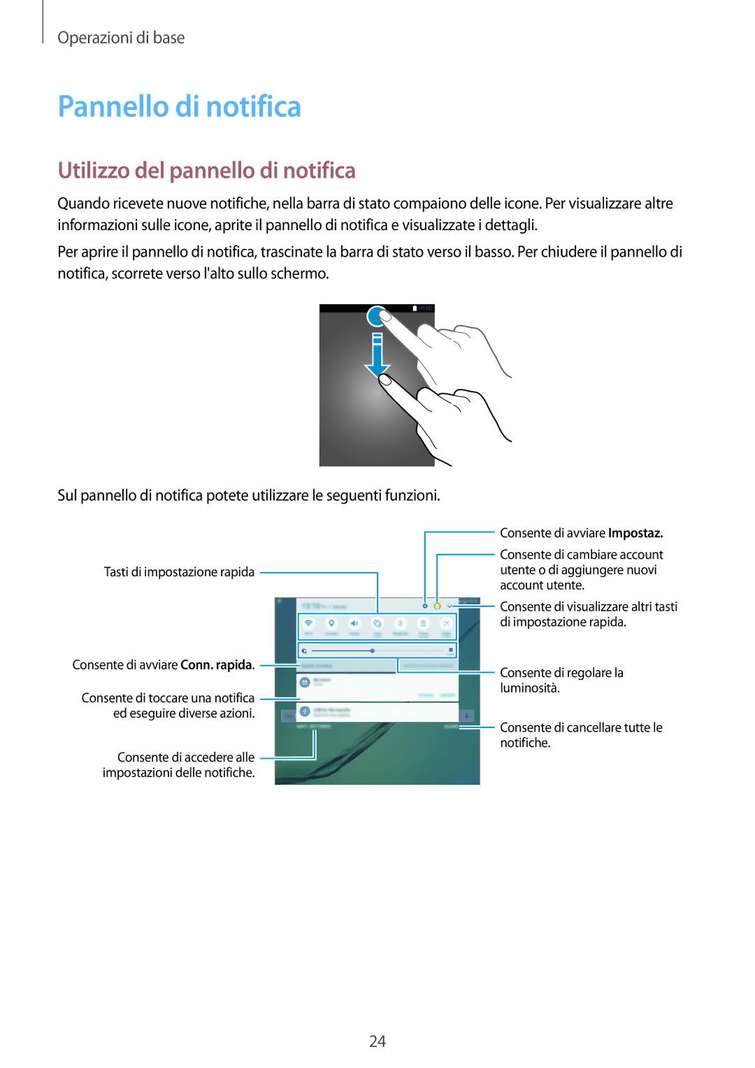 Samsung SM-T813NZWEXEO, SM-T813NZWEDBT, SM-T813NZKEDBT manual Pannello di notifica, Utilizzo del pannello di notifica 