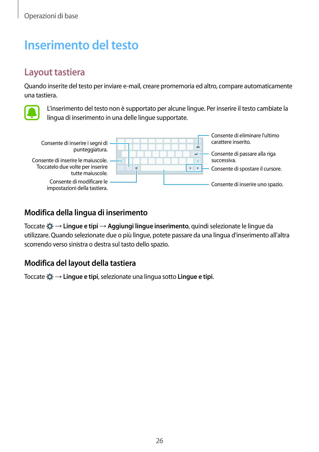 Samsung SM-T813NZKEITV, SM-T813NZWEDBT manual Inserimento del testo, Layout tastiera, Modifica della lingua di inserimento 