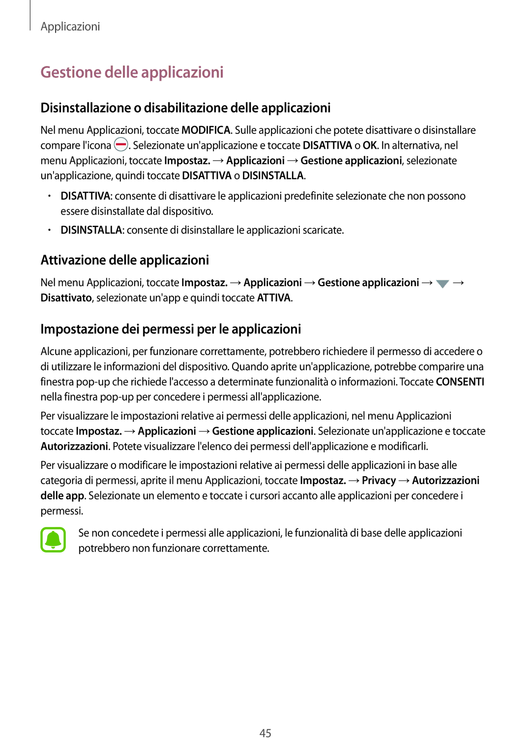 Samsung SM-T813NZKEDBT, SM-T813NZWEDBT Gestione delle applicazioni, Disinstallazione o disabilitazione delle applicazioni 