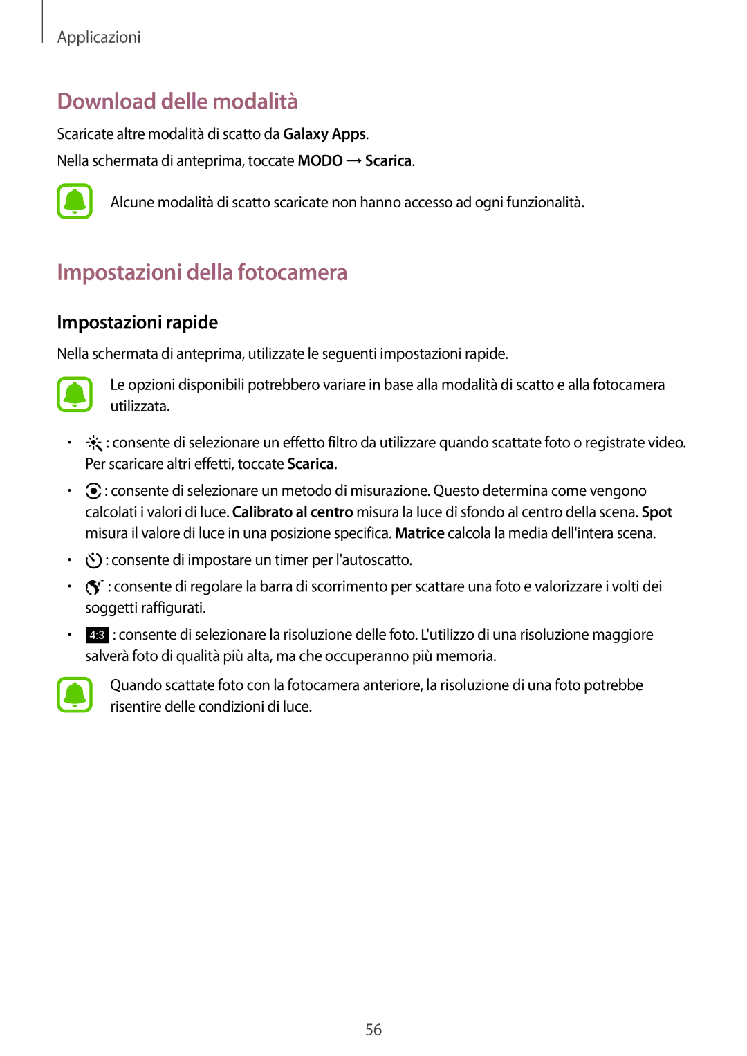 Samsung SM-T713NZWEPHN, SM-T813NZWEDBT manual Download delle modalità, Impostazioni della fotocamera, Impostazioni rapide 