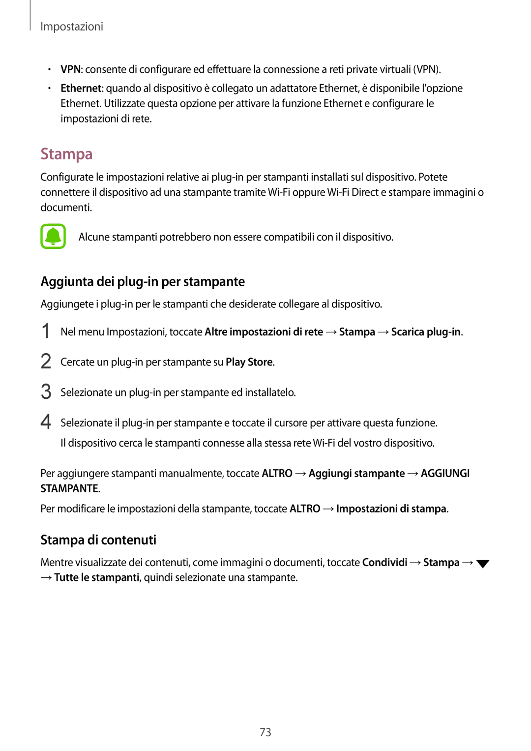 Samsung SM-T713NZKETUR, SM-T813NZWEDBT, SM-T813NZKEDBT manual Aggiunta dei plug-in per stampante, Stampa di contenuti 