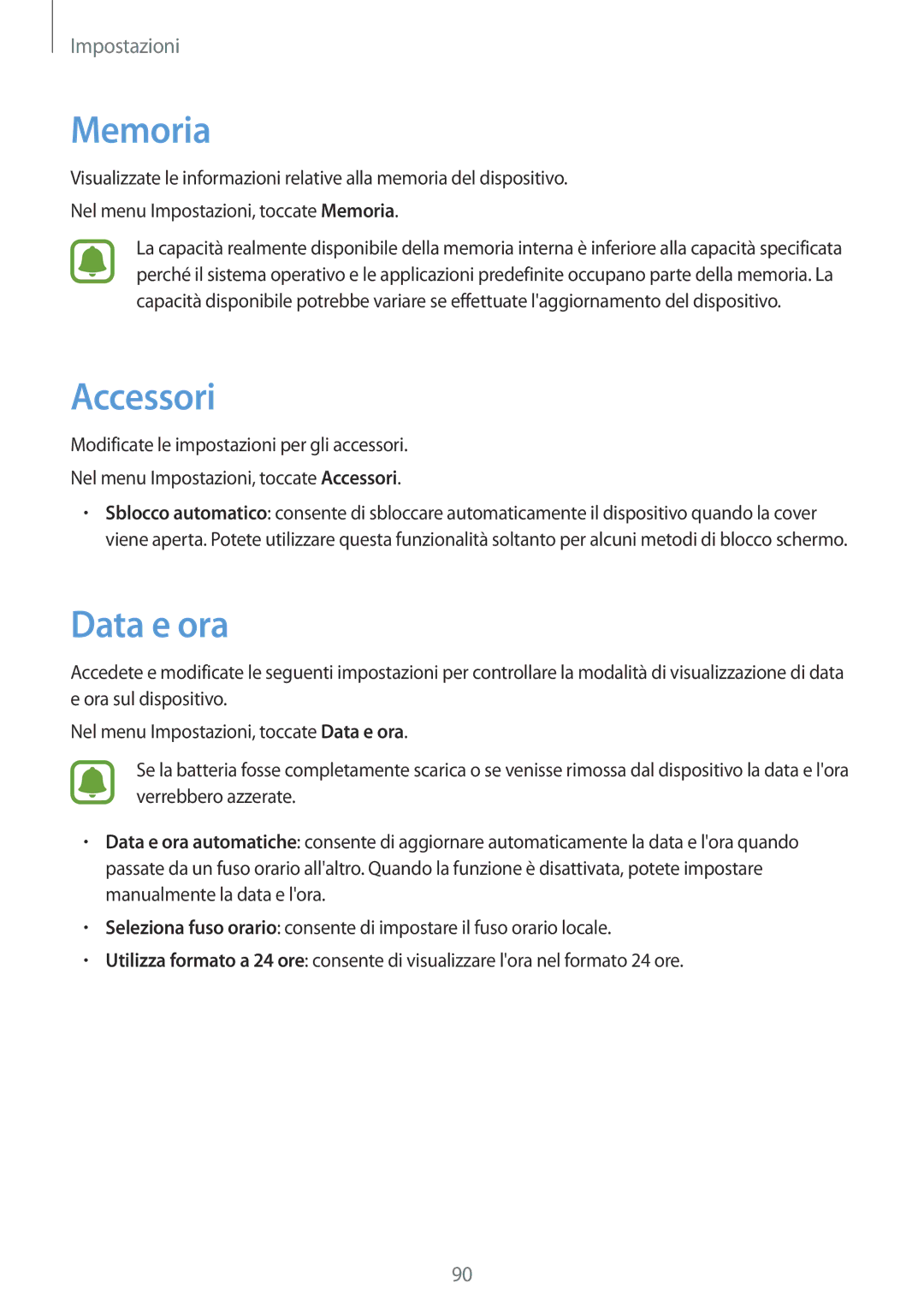 Samsung SM-T813NZWEXEO, SM-T813NZWEDBT, SM-T813NZKEDBT, SM-T813NZKEPHN, SM-T813NZKEITV manual Memoria, Accessori, Data e ora 