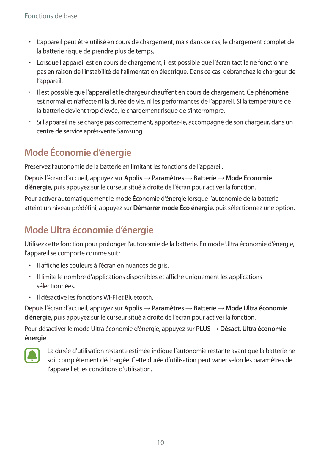 Samsung SM-T813NZWEXEF, SM-T813NZWFXEF, SM-T813NZKEXEF manual Mode Économie d’énergie, Mode Ultra économie d’énergie 