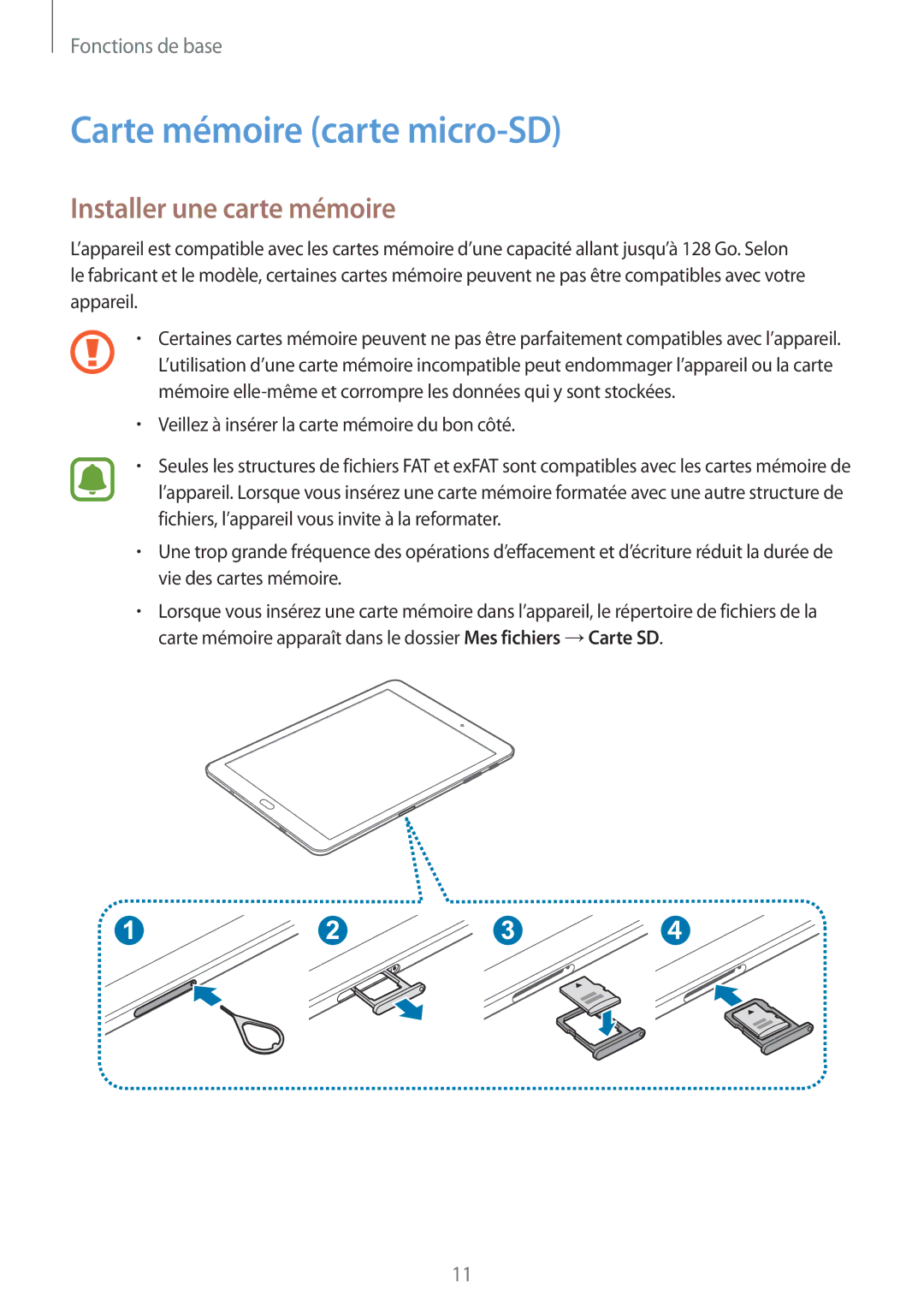 Samsung SM-T713NZWEXEF, SM-T813NZWFXEF, SM-T813NZKEXEF manual Carte mémoire carte micro-SD, Installer une carte mémoire 