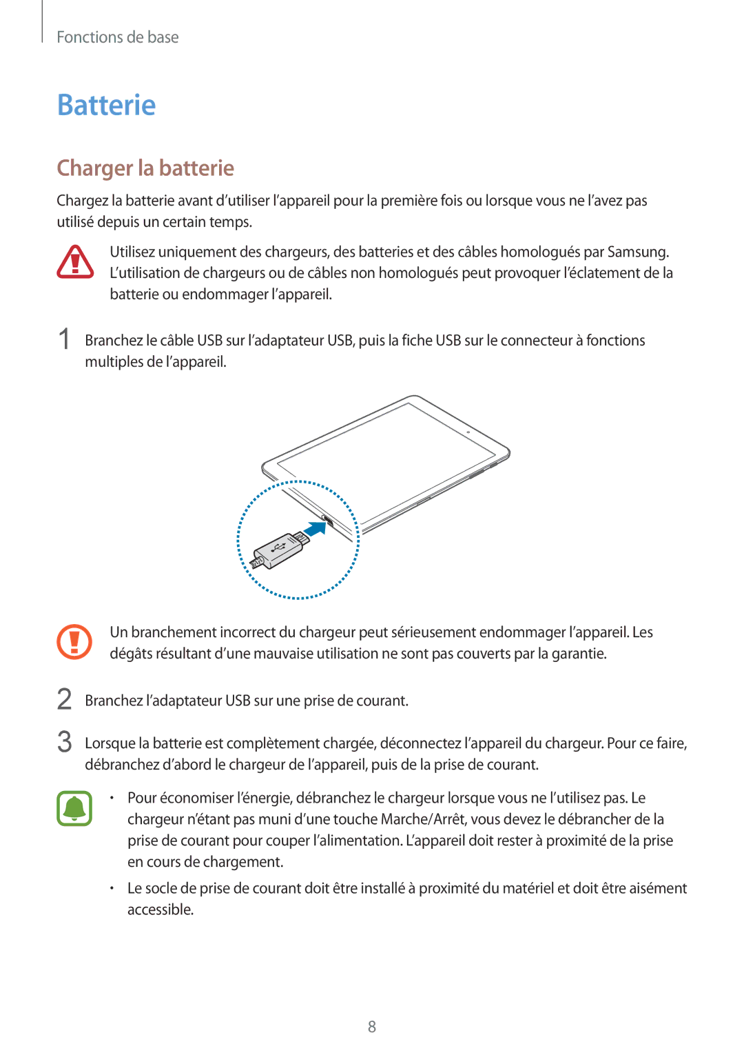 Samsung SM-T713NZKEXEF, SM-T813NZWFXEF, SM-T813NZKEXEF, SM-T813NZDEXEF, SM-T813NZWEXEF manual Batterie, Charger la batterie 