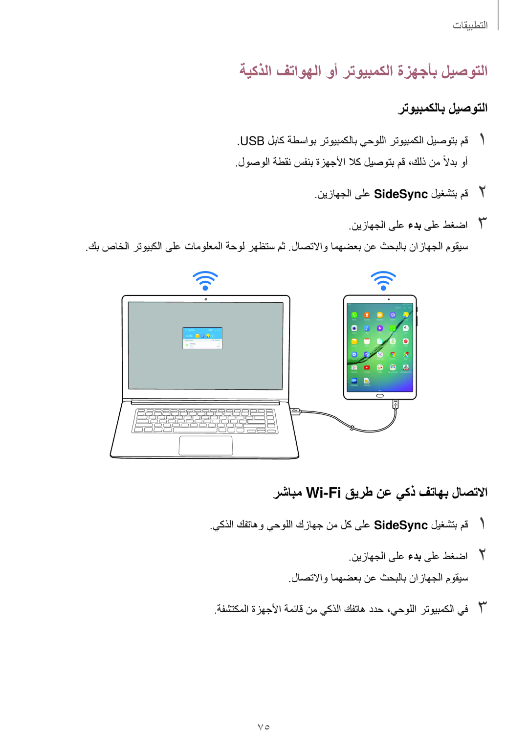 Samsung SM-T815NZKEKSA manual رشابم Wi-Fi قيرط نع يكذ فتاهب لاصتلاا, USB لباك ةطساوب رتويبمكلاب يحوللا رتويبمكلا ليصوتب مق1 