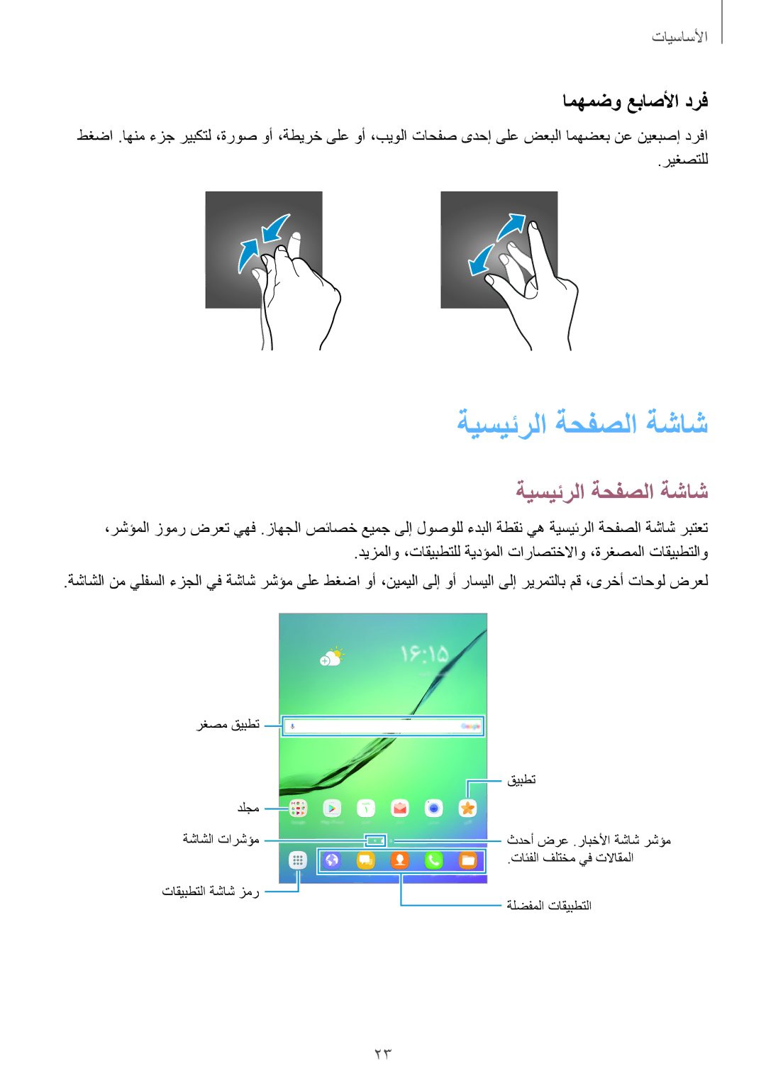 Samsung SM-T815NZWEKSA, SM-T815NZDEKSA, SM-T715NZKEKSA, SM-T715NZDEKSA manual ةيسيئرلا ةحفصلا ةشاش, امهمضو عباصلأا درف 