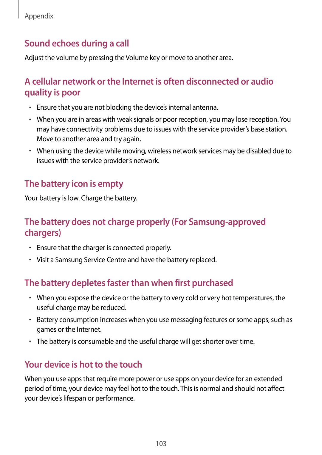 Samsung SM-T815NZKEKSA, SM-T815NZDEKSA, SM-T815NZWEKSA manual Sound echoes during a call 