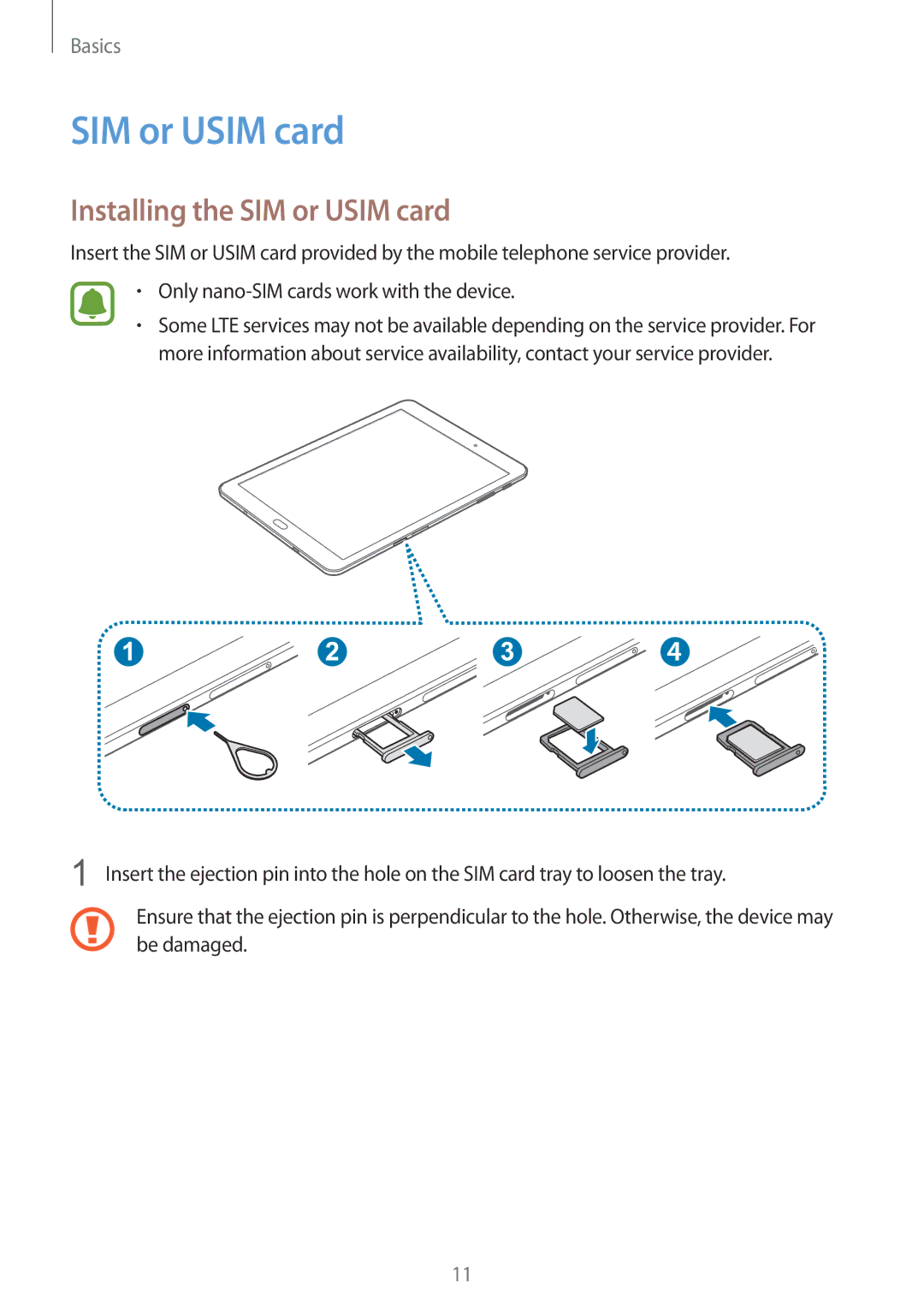 Samsung SM-T815NZWEKSA, SM-T815NZDEKSA, SM-T815NZKEKSA manual Installing the SIM or Usim card 