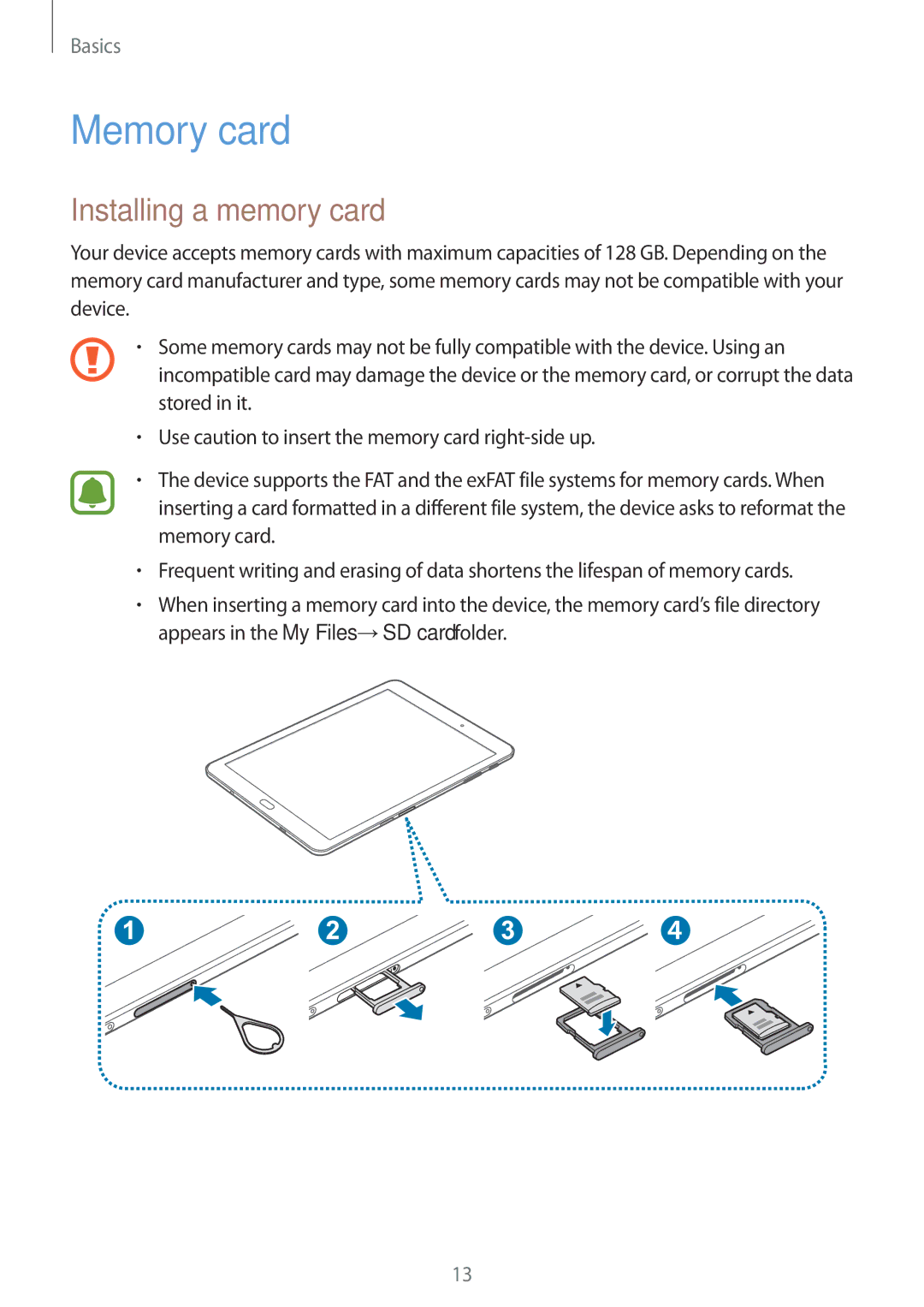 Samsung SM-T815NZKEKSA, SM-T815NZDEKSA, SM-T815NZWEKSA manual Memory card, Installing a memory card 