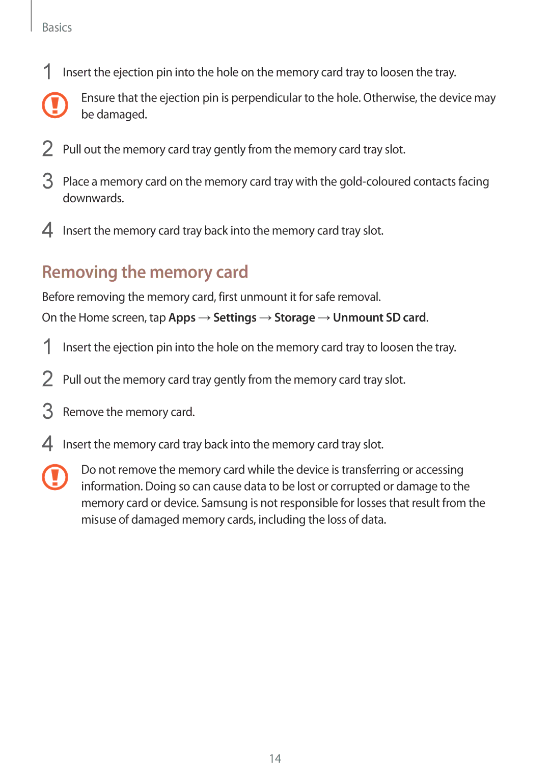 Samsung SM-T815NZWEKSA, SM-T815NZDEKSA, SM-T815NZKEKSA manual Removing the memory card 