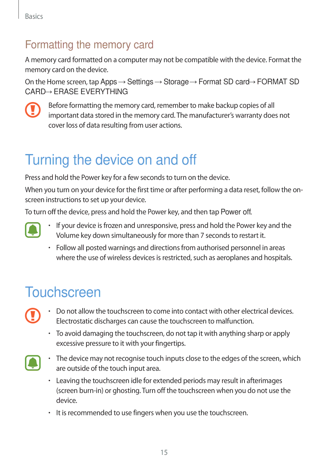 Samsung SM-T815NZDEKSA, SM-T815NZKEKSA manual Turning the device on and off, Touchscreen, Formatting the memory card 