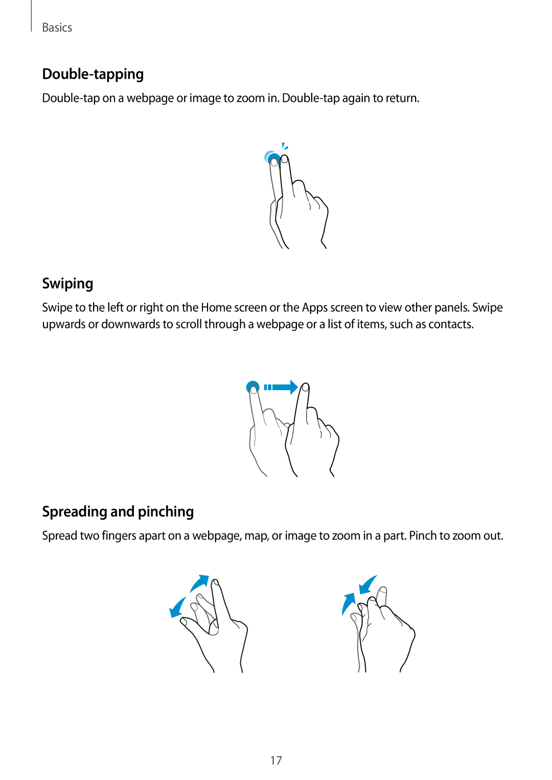 Samsung SM-T815NZWEKSA, SM-T815NZDEKSA, SM-T815NZKEKSA manual Double-tapping, Swiping, Spreading and pinching 