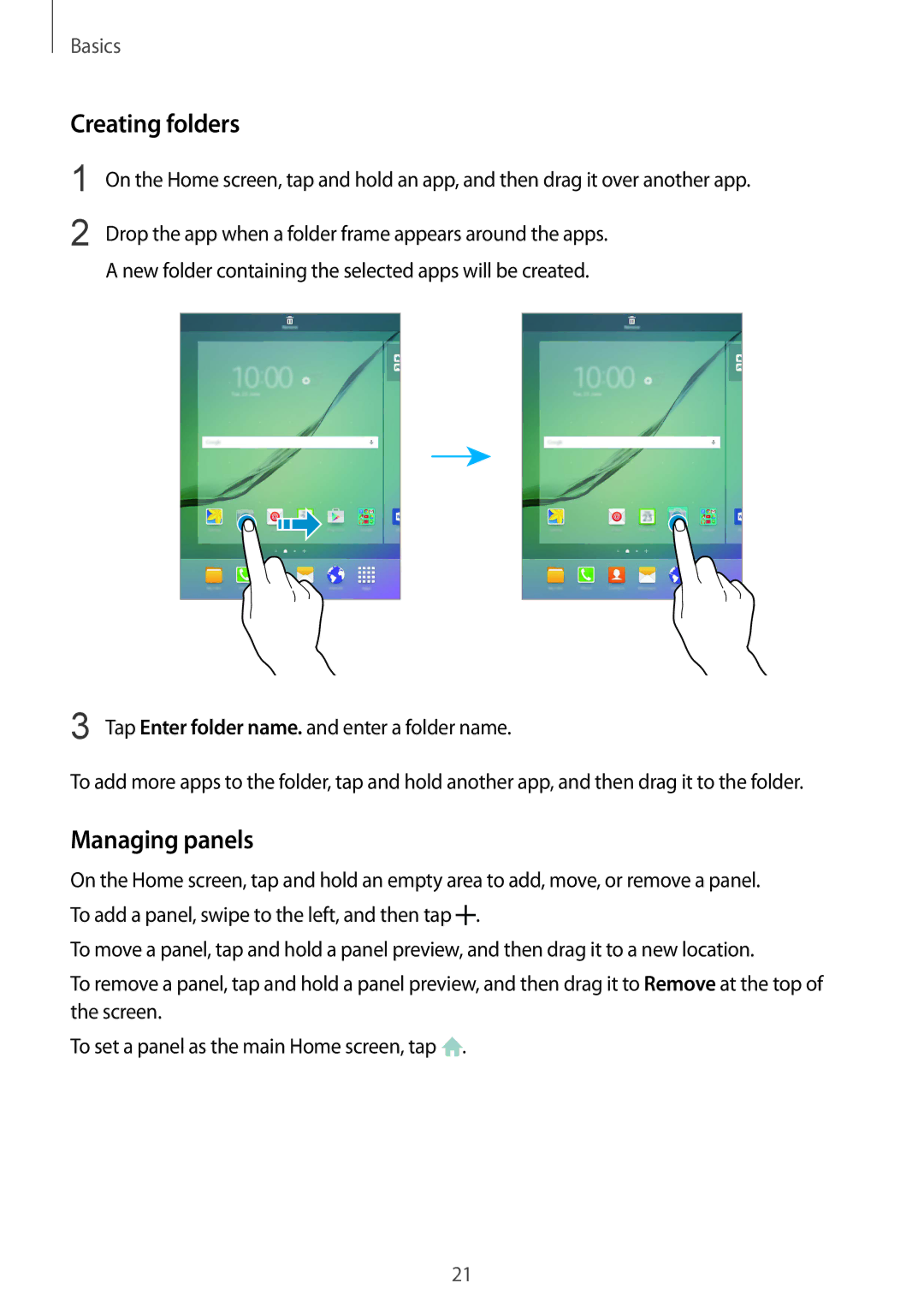 Samsung SM-T815NZDEKSA, SM-T815NZKEKSA, SM-T815NZWEKSA manual Creating folders, Managing panels 
