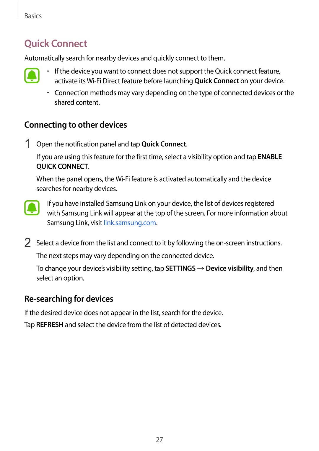 Samsung SM-T815NZDEKSA, SM-T815NZKEKSA, SM-T815NZWEKSA Quick Connect, Connecting to other devices, Re-searching for devices 